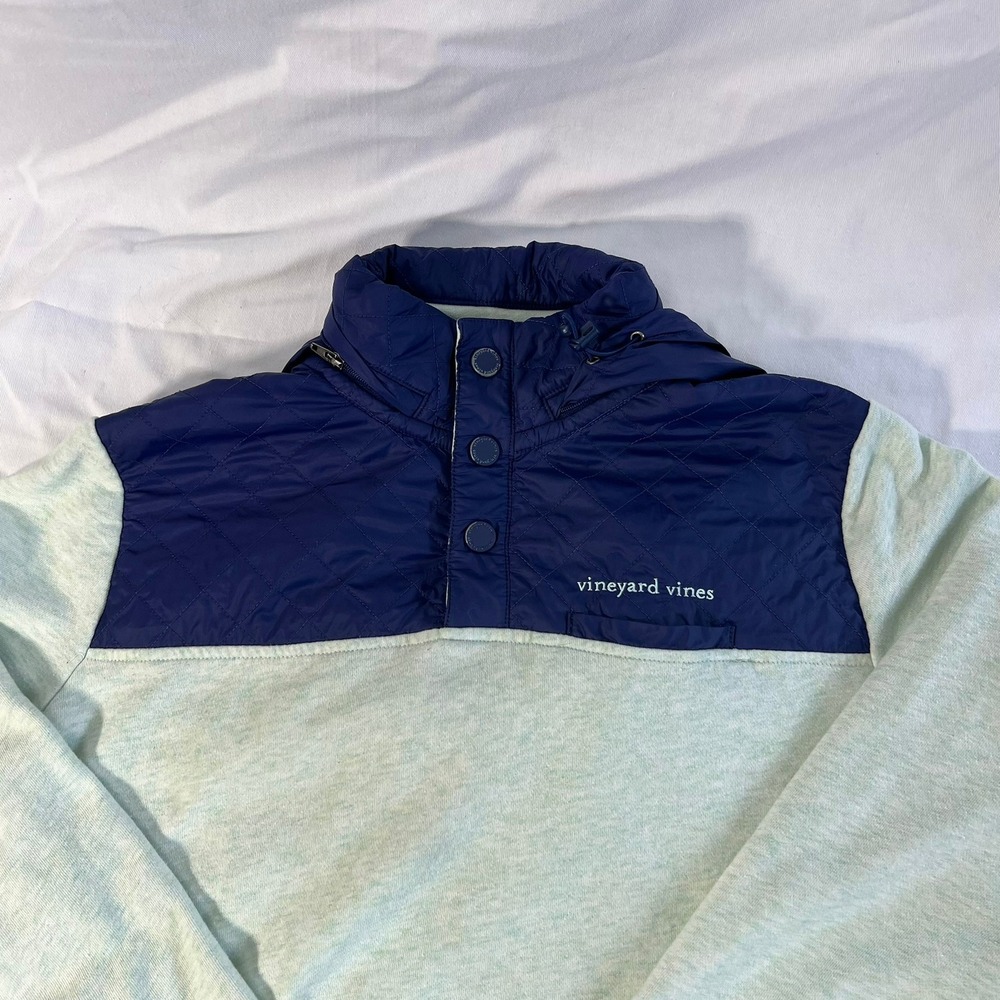 Vineyard Vines Pullover Quilted Snap Neck Hooded Sweatshirt Mint Navy Small